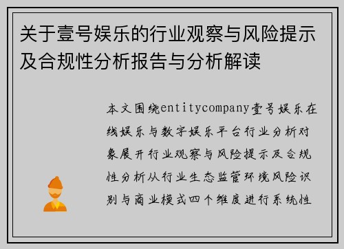 关于壹号娱乐的行业观察与风险提示及合规性分析报告与分析解读